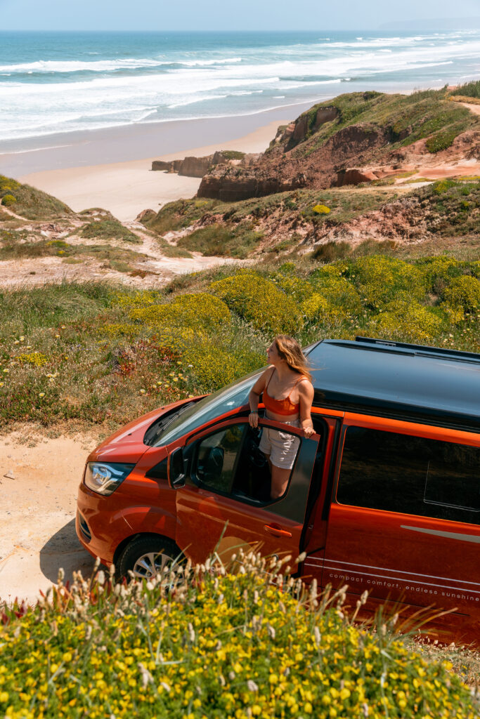 Girl Enjoying Campervan on Beach